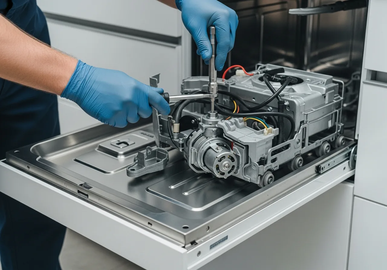 Appliance technician servicing the internal pump and motor assembly of a single drawer dishwasher pulled out from cabinetry during a Fisher & Paykel service call