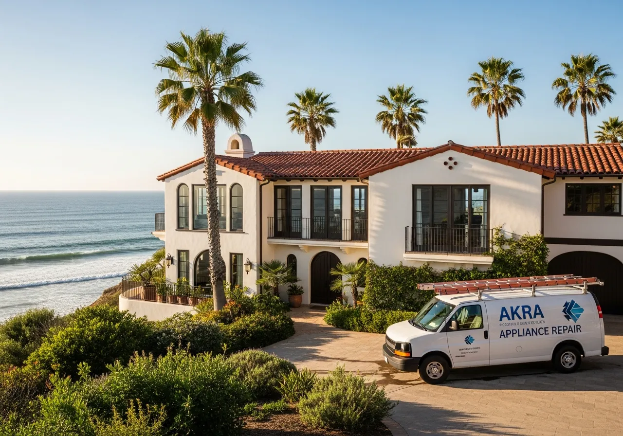 A white Akra Appliance Repair service van parked in the driveway of a Spanish-revival cliffside home in Cyprus Shore, San Clemente