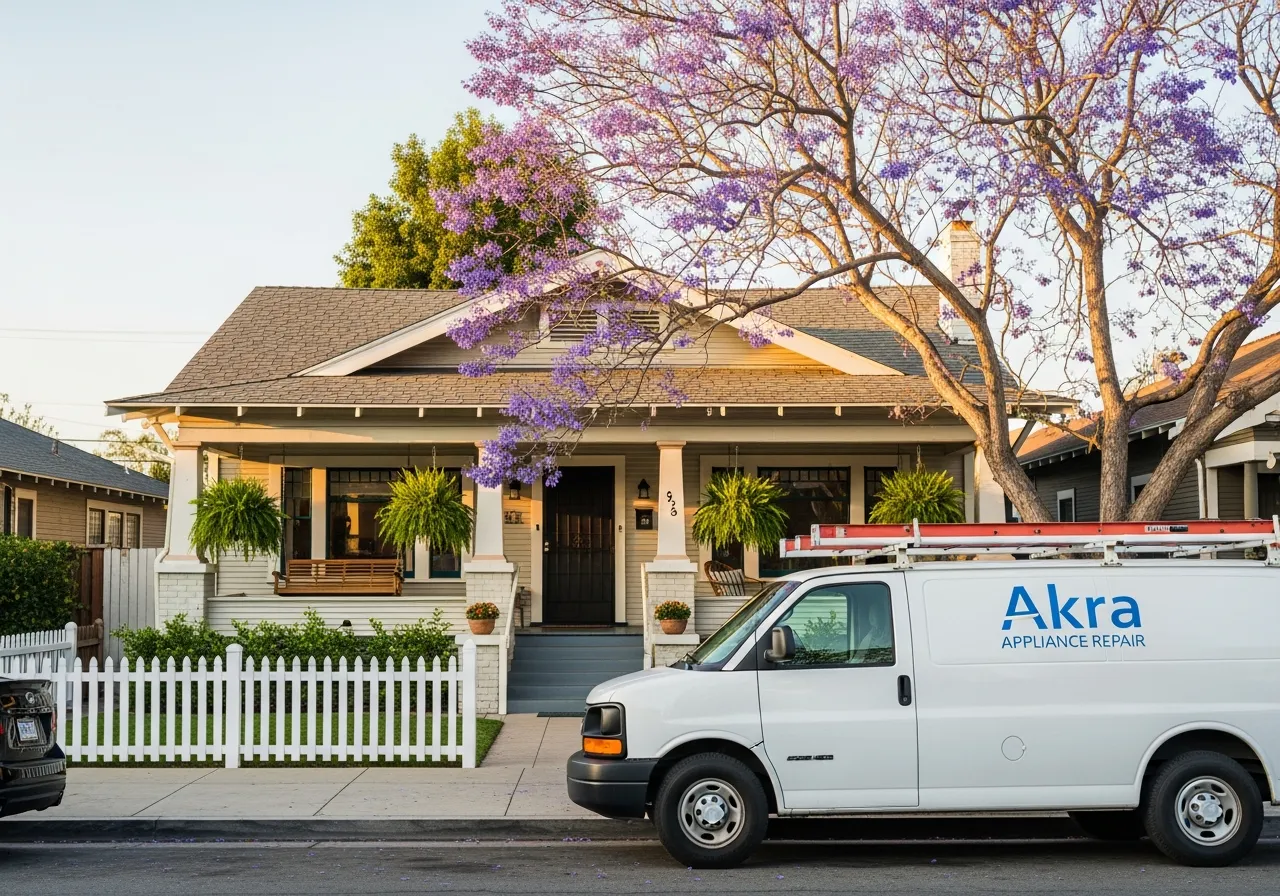 A white Akra Appliance Repair service van parked at the curb of a preserved craftsman bungalow in Old Towne Orange