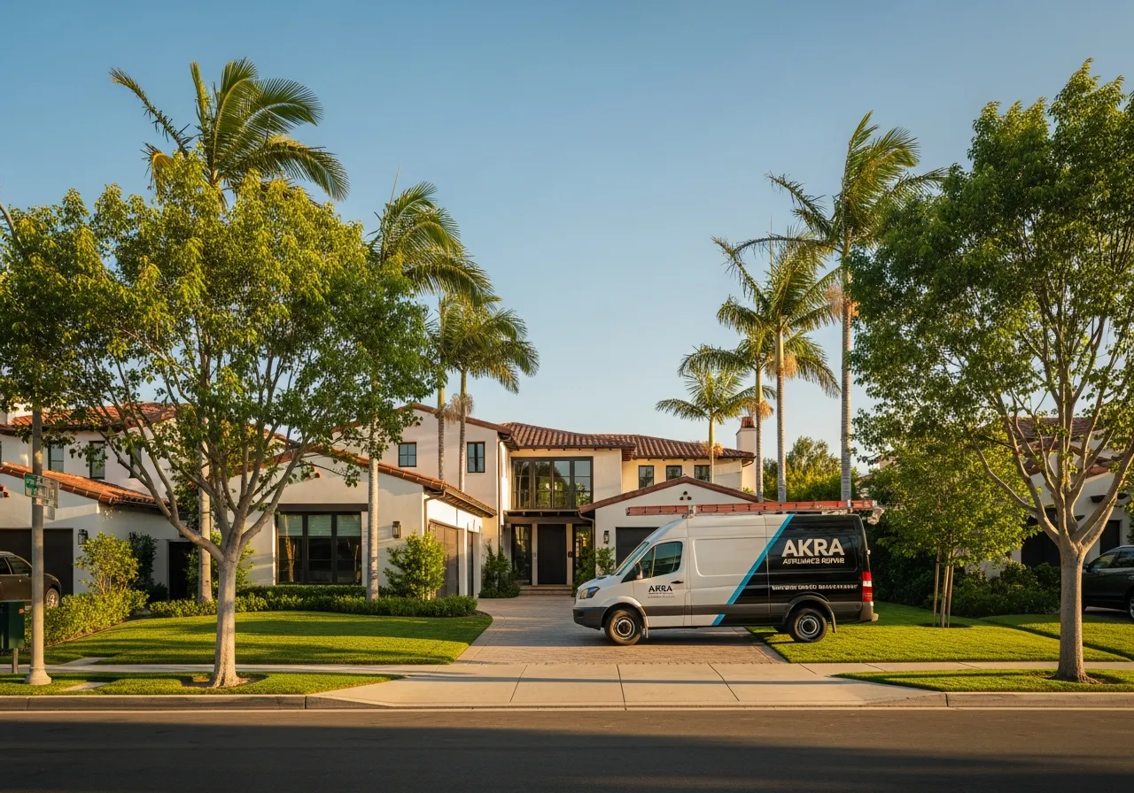 A white Akra Appliance Repair service van parked in front of a contemporary Mediterranean estate on a tree-lined Irvine residential street