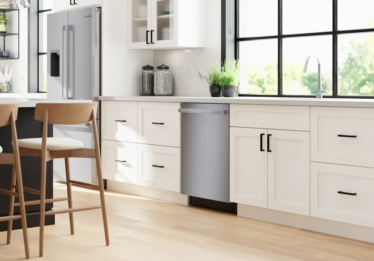 Bosch SHX78CM5N dishwasher installed in a bright white kitchen