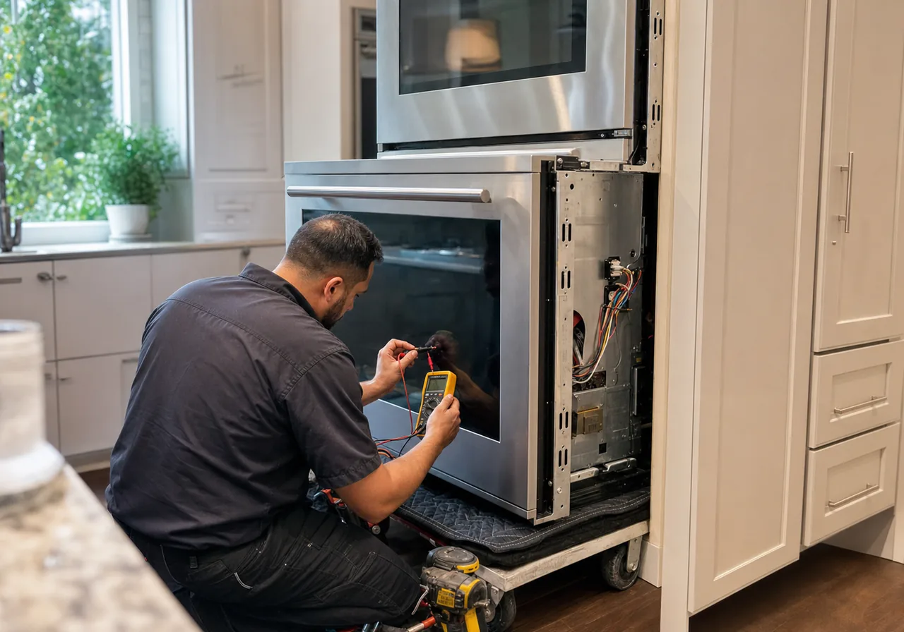 Appliance technician testing the side wiring of a built-in stainless steel wall oven safely supported on a service cart