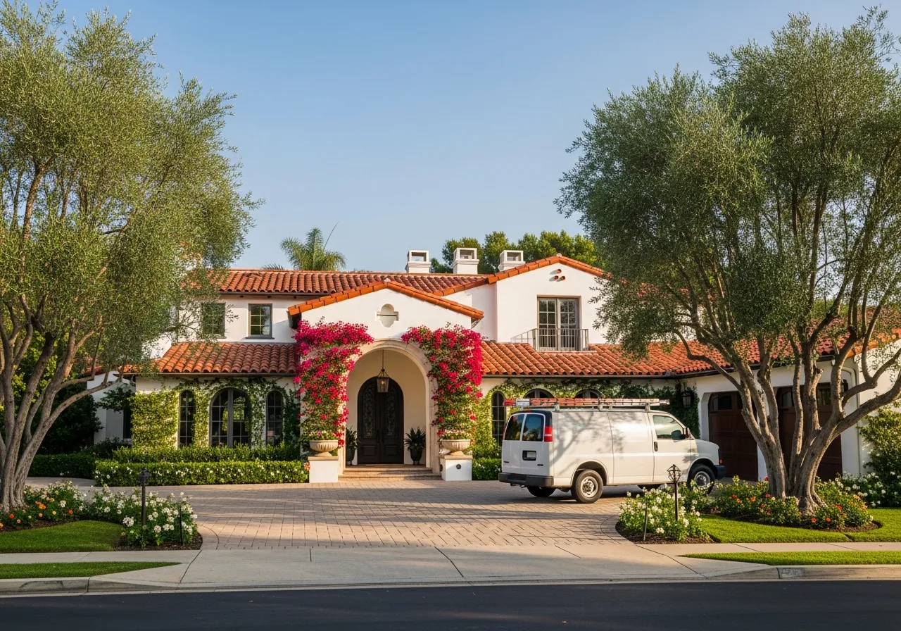 A white Akra Appliance Repair service van parked in the driveway of an upscale Spanish-revival home in Mission Viejo