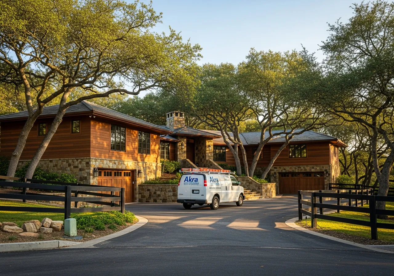 A white Akra Appliance Repair service van parked in the driveway of a custom hillside estate in Cowan Heights with horizontal wood siding and stone accents