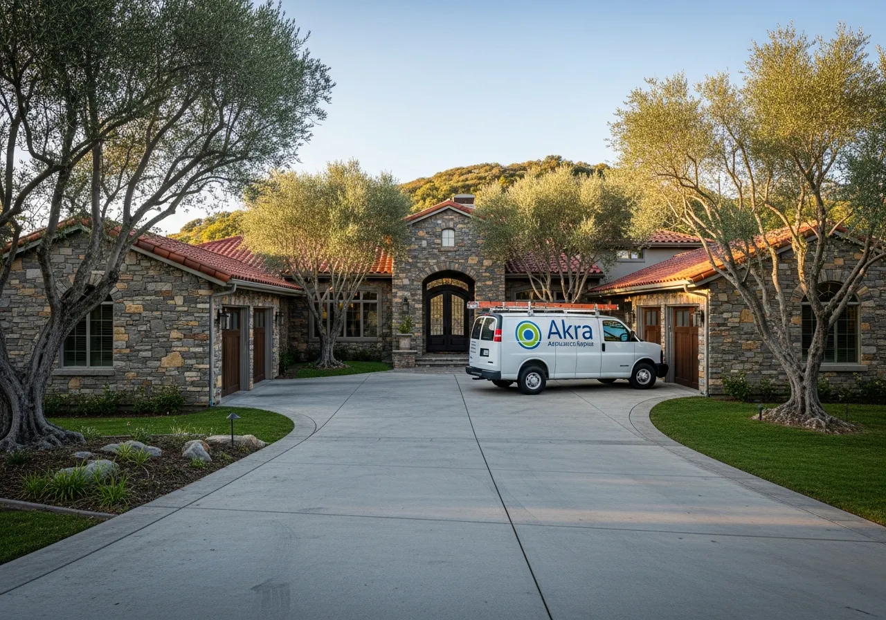 A white Akra Appliance Repair service van parked in front of a custom hillside estate in Yorba Linda with stacked-stone facade and sweeping driveway