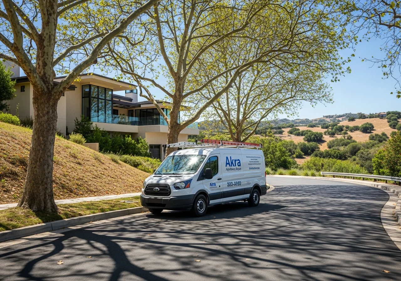 A white Akra Appliance Repair service van parked on a winding street in Turtle Rock, Irvine, in front of a hillside custom home shaded by mature sycamore trees