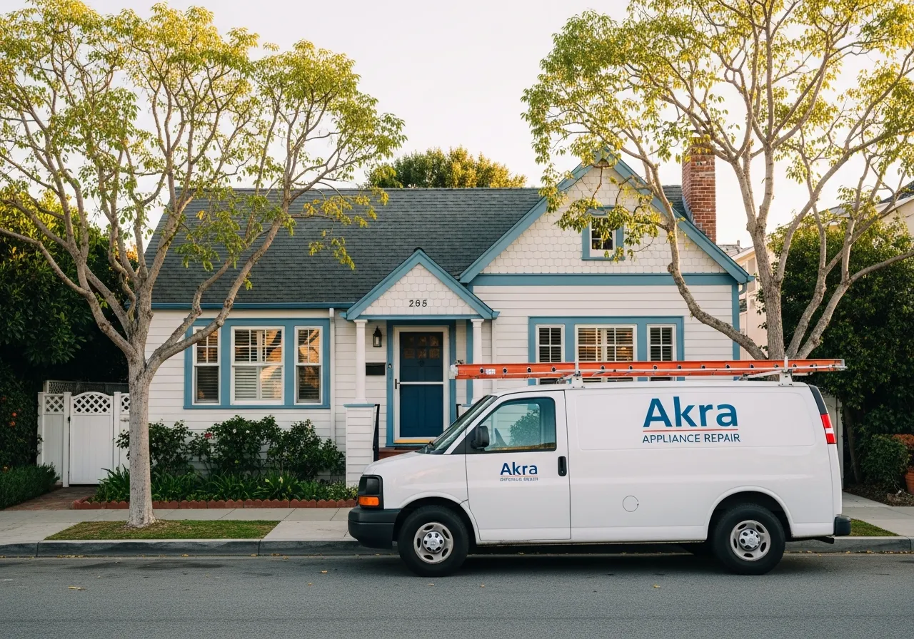 A white Akra Appliance Repair service van parked at the curb of a charming coastal Cape Cod cottage in Old Town Seal Beach