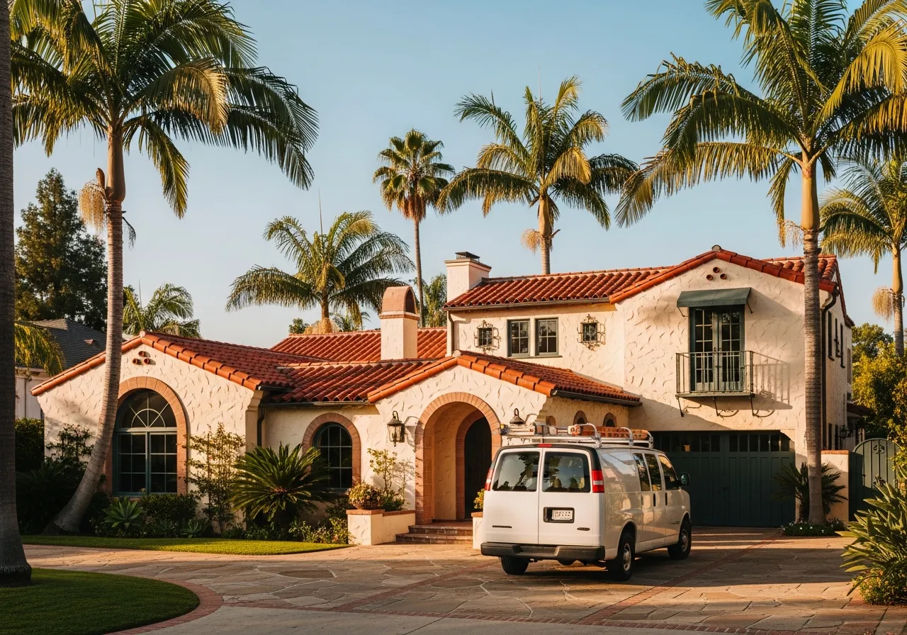 A white Akra Appliance Repair service van parked in the driveway of a Spanish-revival home in the Westridge area of La Habra