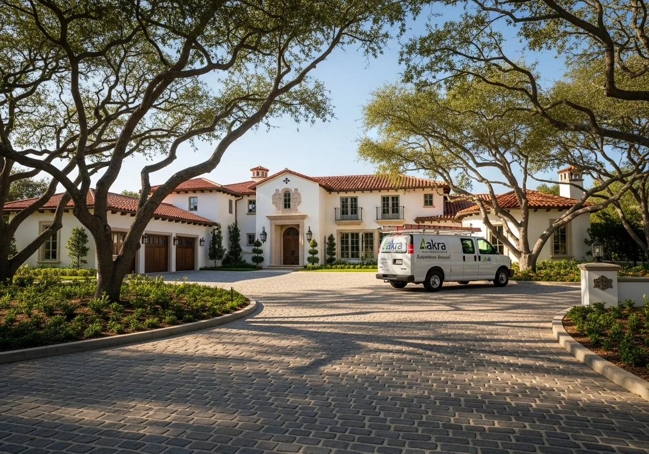 A white Akra Appliance Repair service van parked at the entrance of a sprawling gated custom estate in Coto de Caza with stucco walls and terracotta roof