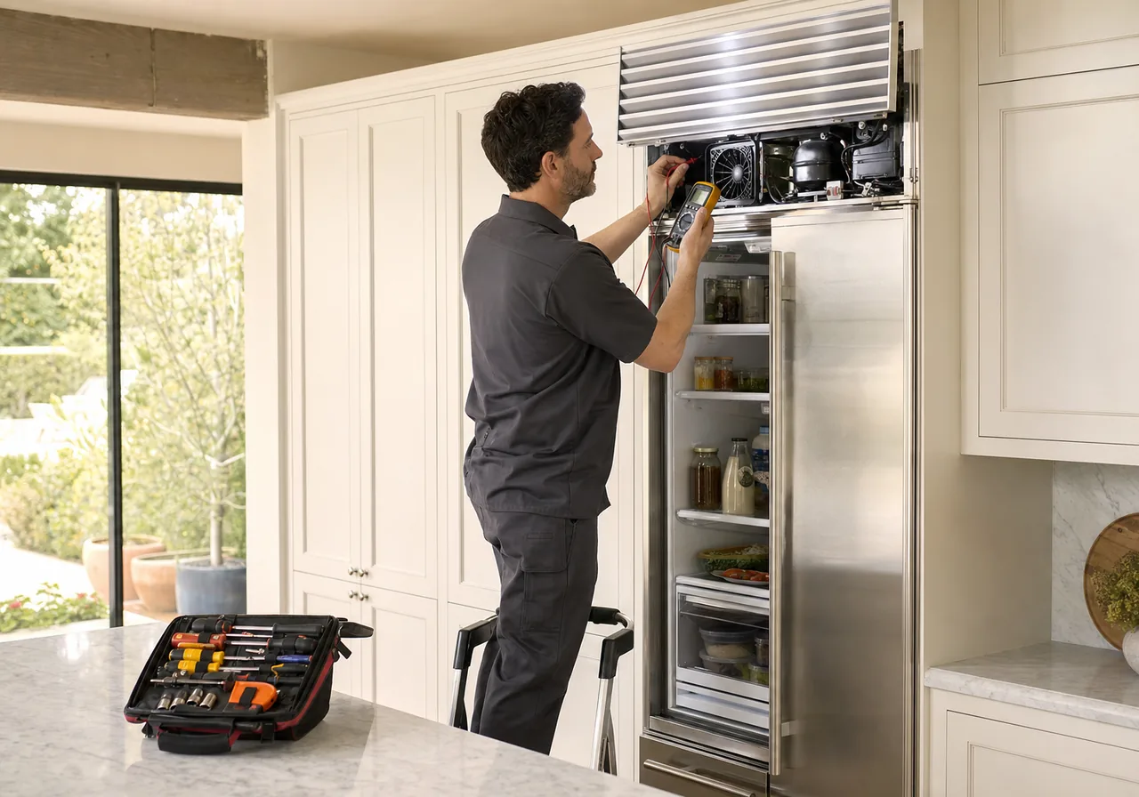 Appliance technician testing the upper machine compartment of a stainless built-in refrigerator column
