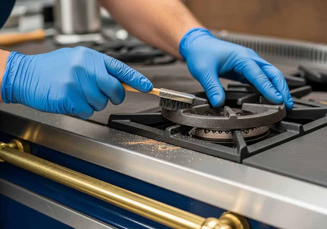 Appliance technician cleaning and reseating a heavy cast-iron burner assembly on a handcrafted enameled French range during a La Cornue service call