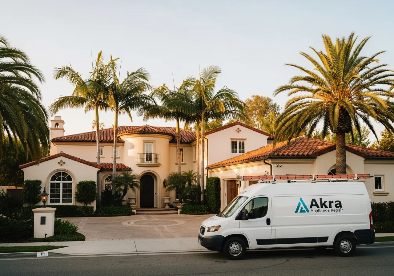 A white Akra Appliance Repair service van parked in the driveway of a luxury Spanish-style home in Aliso Viejo with terracotta tile roof