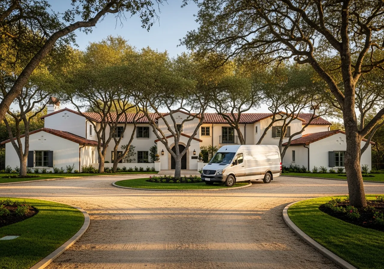 A white Akra Appliance Repair service van parked at the entrance of a sprawling custom estate in Lemon Heights with white stucco and mature oak trees