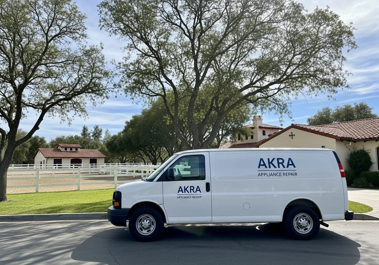 A white Akra Appliance Repair service van parked in front of a sprawling ranch estate in Nellie Gail Ranch, Laguna Hills, with a white horse paddock fence and oak trees
