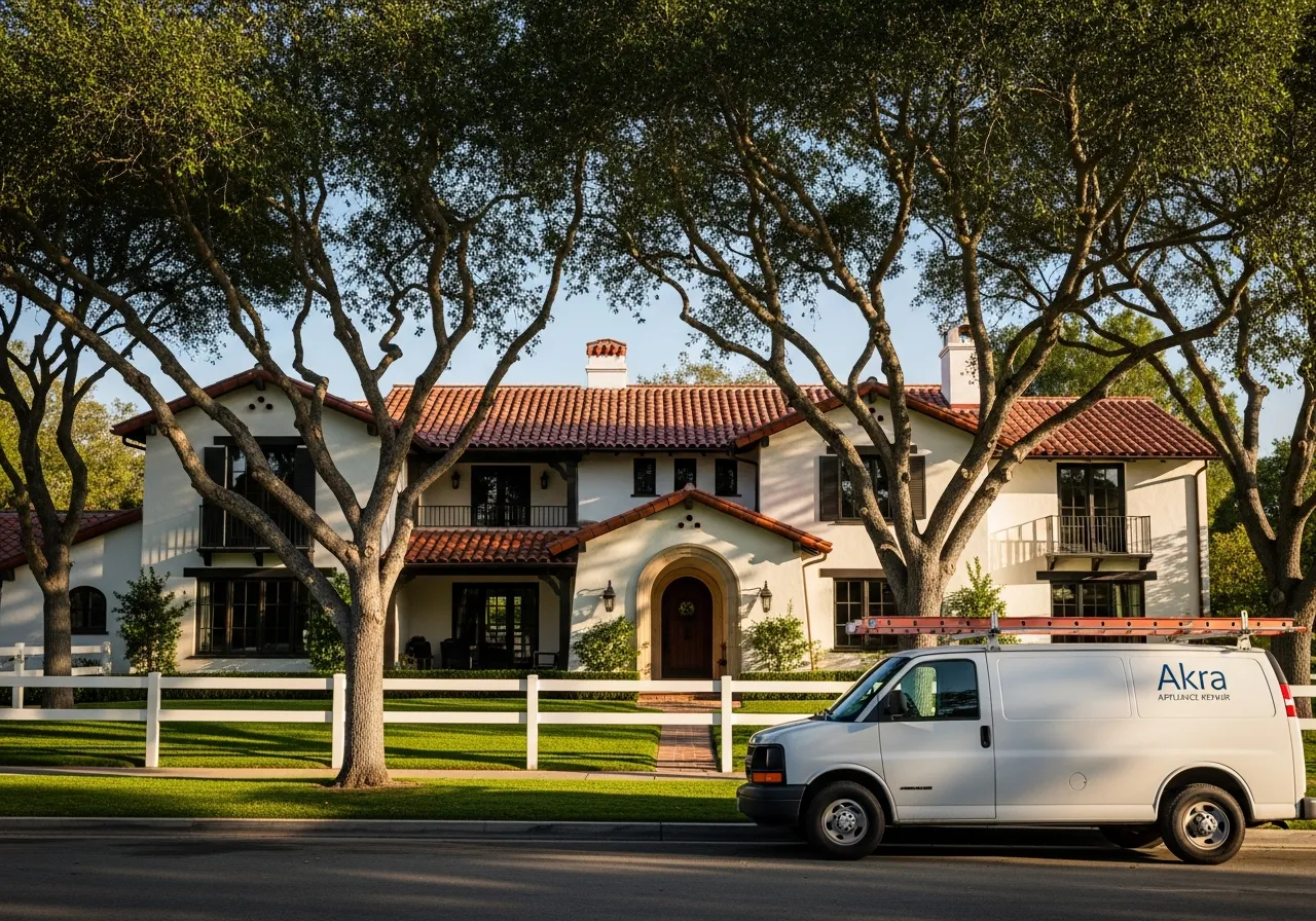 A white Akra Appliance Repair service van parked at the curb of a Spanish-revival estate in the equestrian Hunt Club neighborhood of San Juan Capistrano