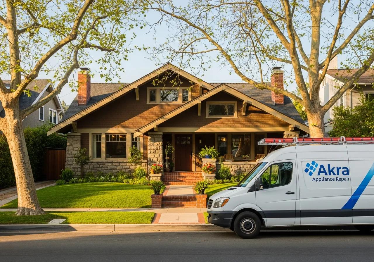 A white Akra Appliance Repair service van parked outside a restored craftsman home in the Floral Park neighborhood of Santa Ana