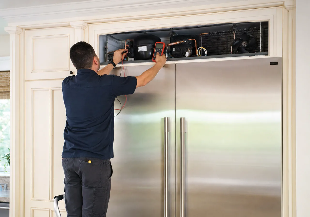 Appliance technician testing the upper service compartment of a premium built-in refrigerator with a digital multimeter