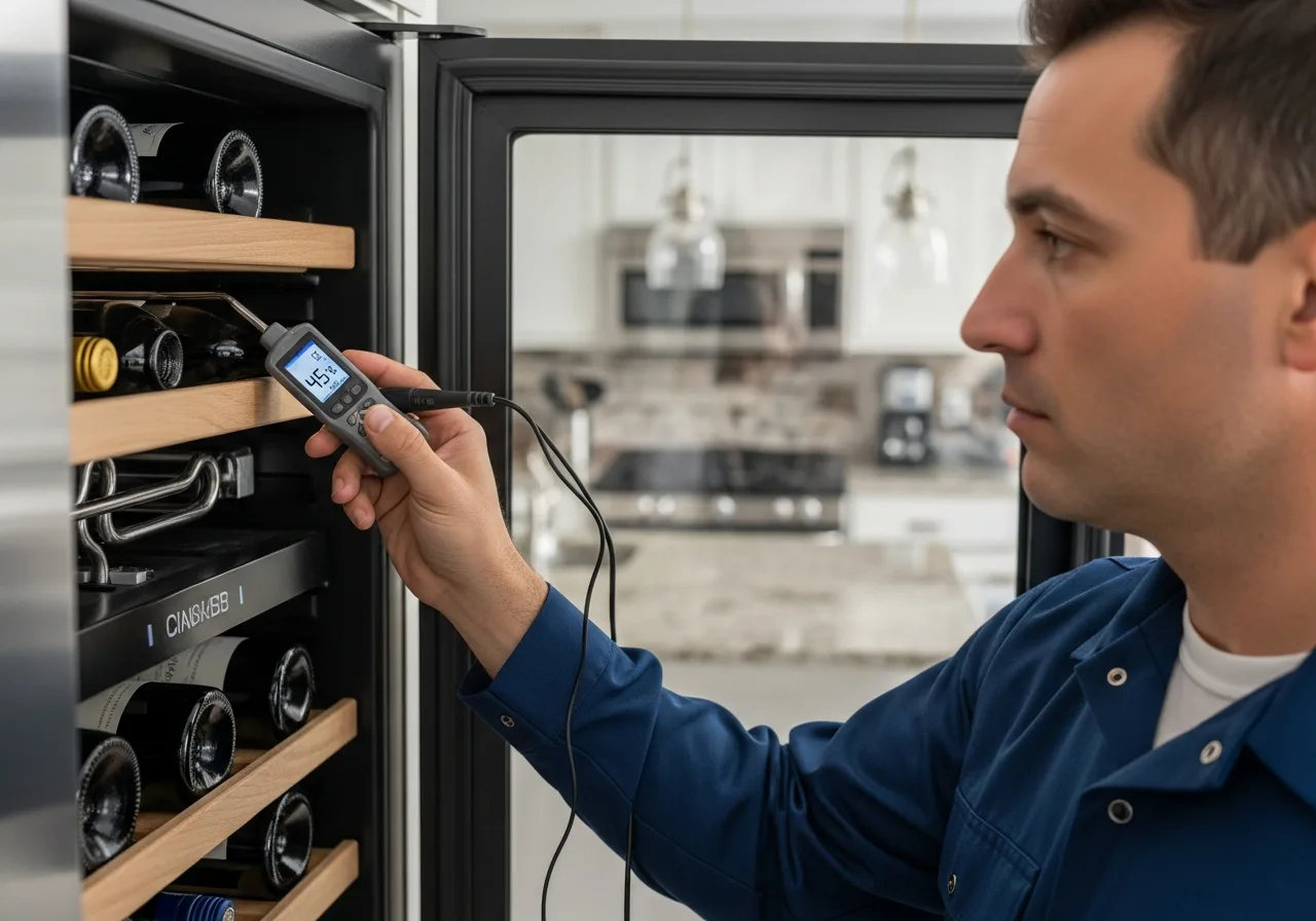 Appliance technician using a digital temperature probe to diagnose an integrated wine column refrigerator during a Liebherr service call