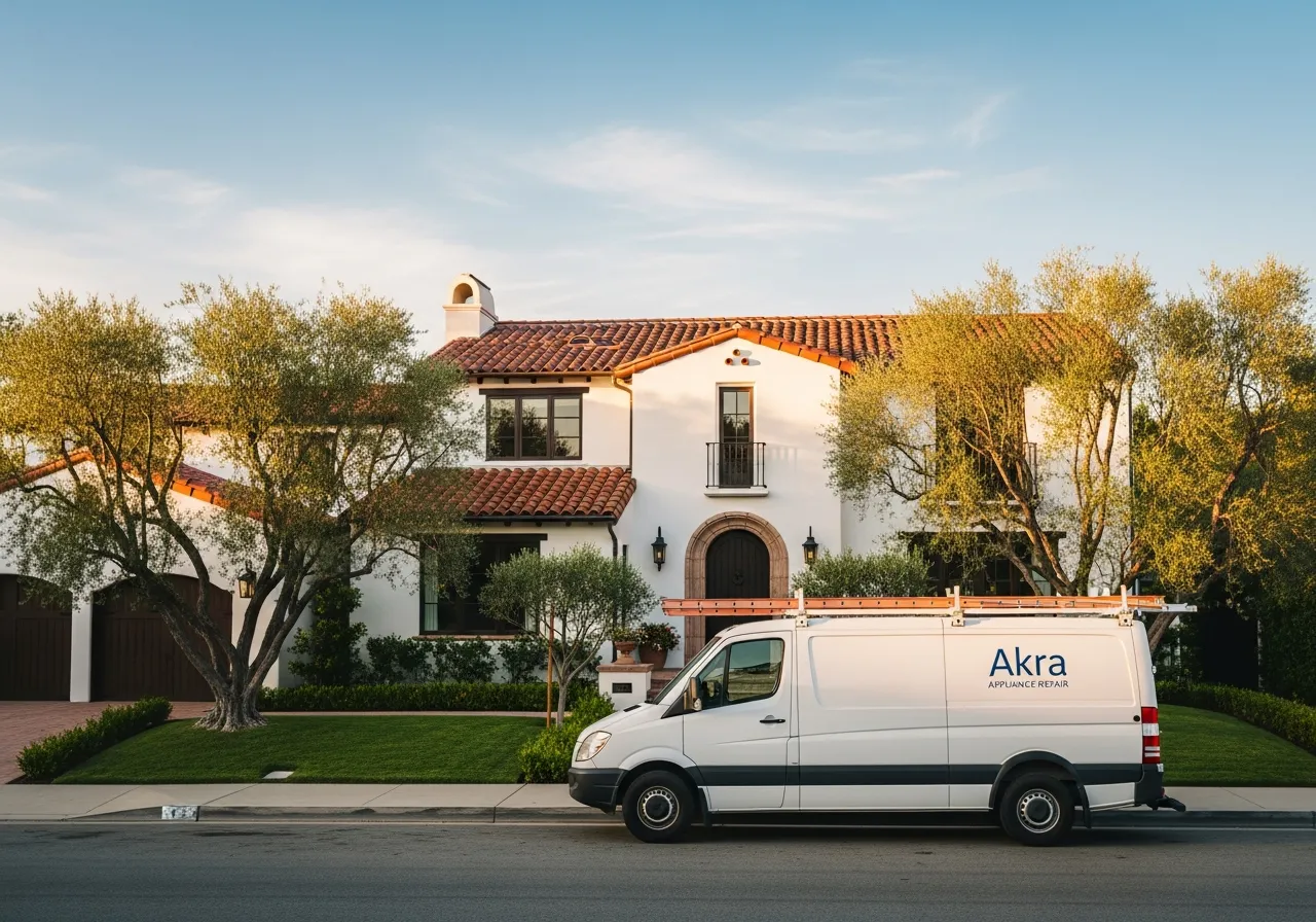 A white Akra Appliance Repair service van parked at the curb of a Spanish-revival home in Dove Canyon, Rancho Santa Margarita