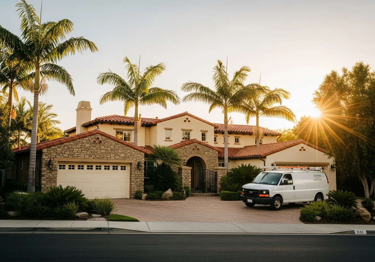 A white Akra Appliance Repair service van parked in the driveway of an upscale Mediterranean home in Bear Brand Ranch, Laguna Niguel