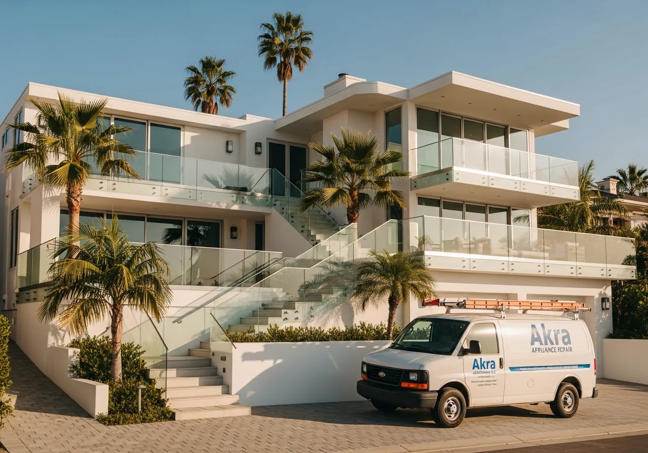 A white Akra Appliance Repair service van parked in the driveway of a coastal contemporary luxury home a few blocks from Huntington Beach
