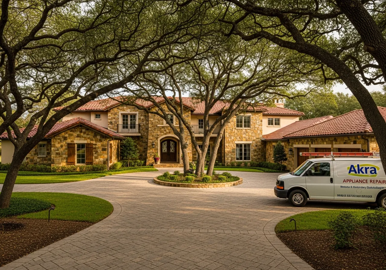 A white Akra Appliance Repair service van parked in front of a sprawling custom estate home in Villa Park with stacked-stone facade and circular driveway