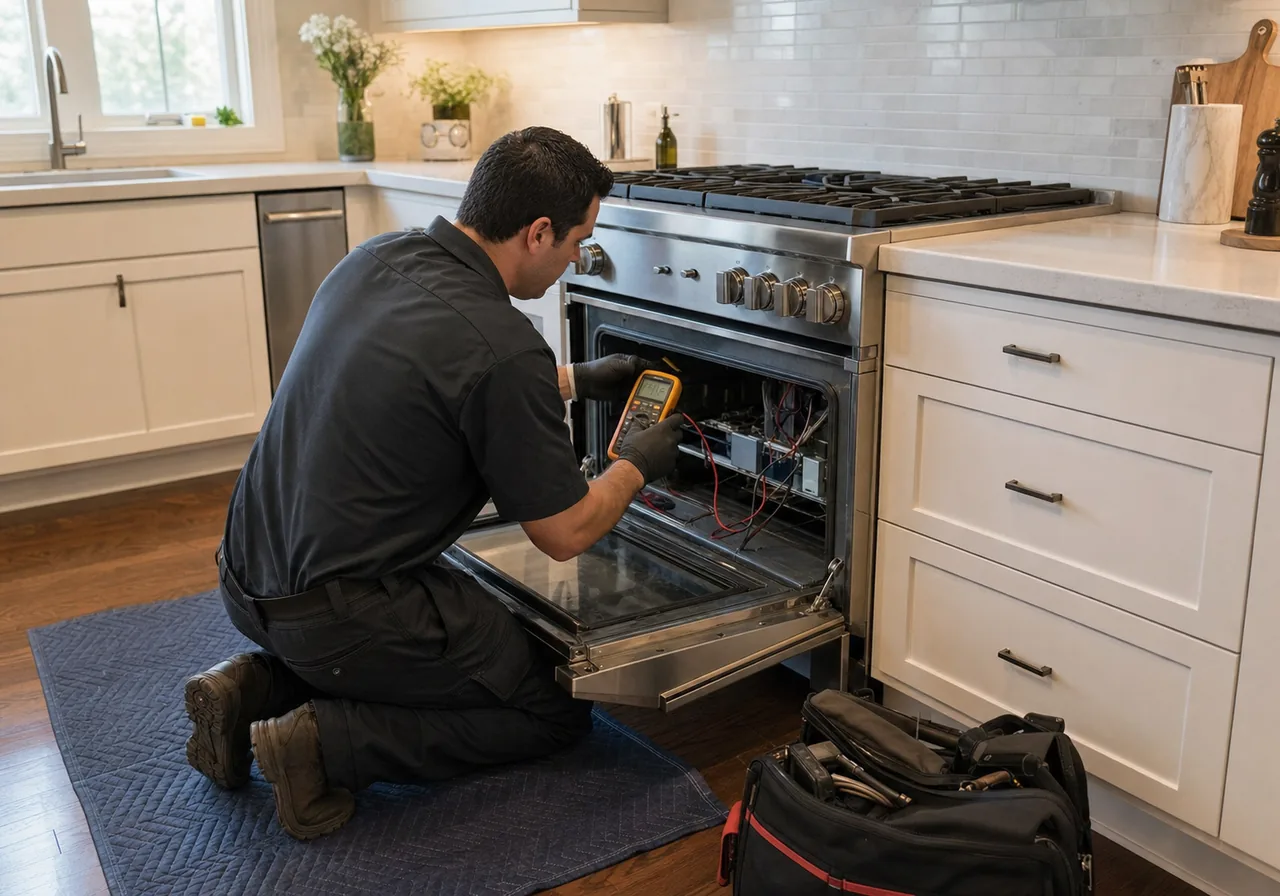 Appliance technician diagnosing the oven compartment of a professional stainless steel gas range with a digital multimeter