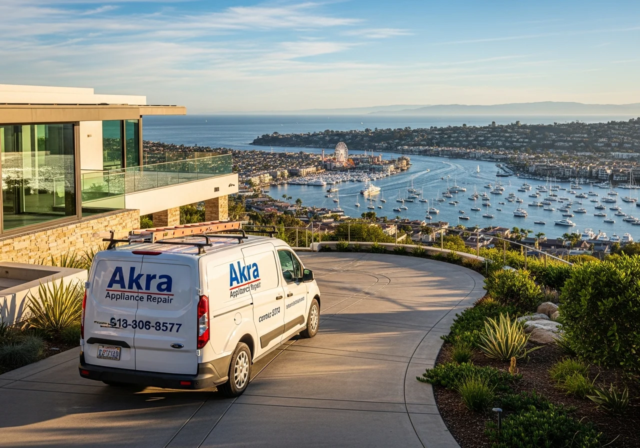 A white Akra Appliance Repair service van parked in the driveway of a contemporary hilltop estate in Harbor Ridge, Newport Beach, with panoramic views of Newport Harbor beyond
