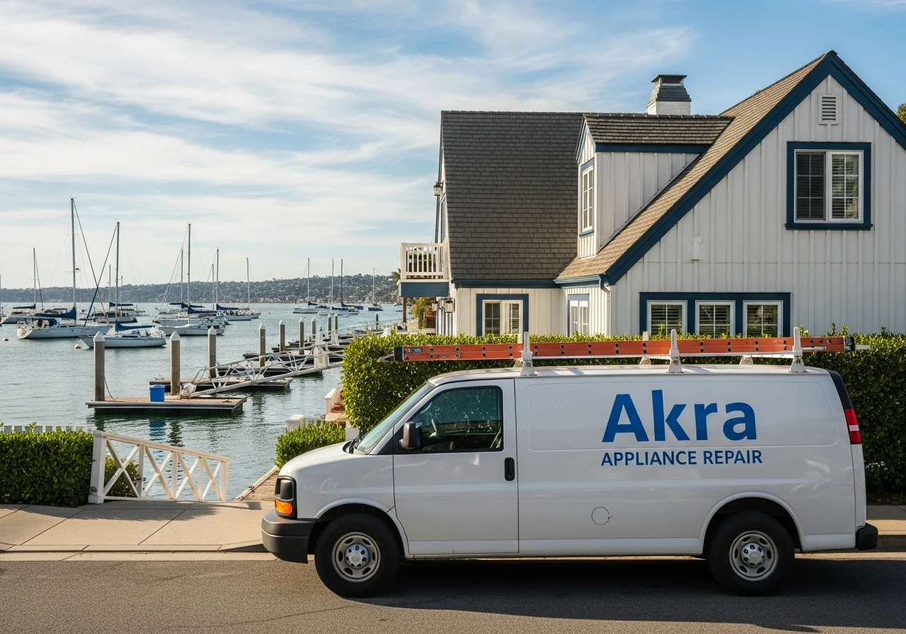 A white Akra Appliance Repair service van parked on a narrow Lido Isle lane in Newport Beach beside a Cape Cod waterfront cottage with sailboats at private docks behind