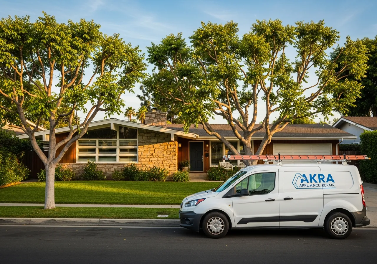 A white Akra Appliance Repair service van parked at the curb of a charming mid-century home in Garden Grove with mature ficus trees