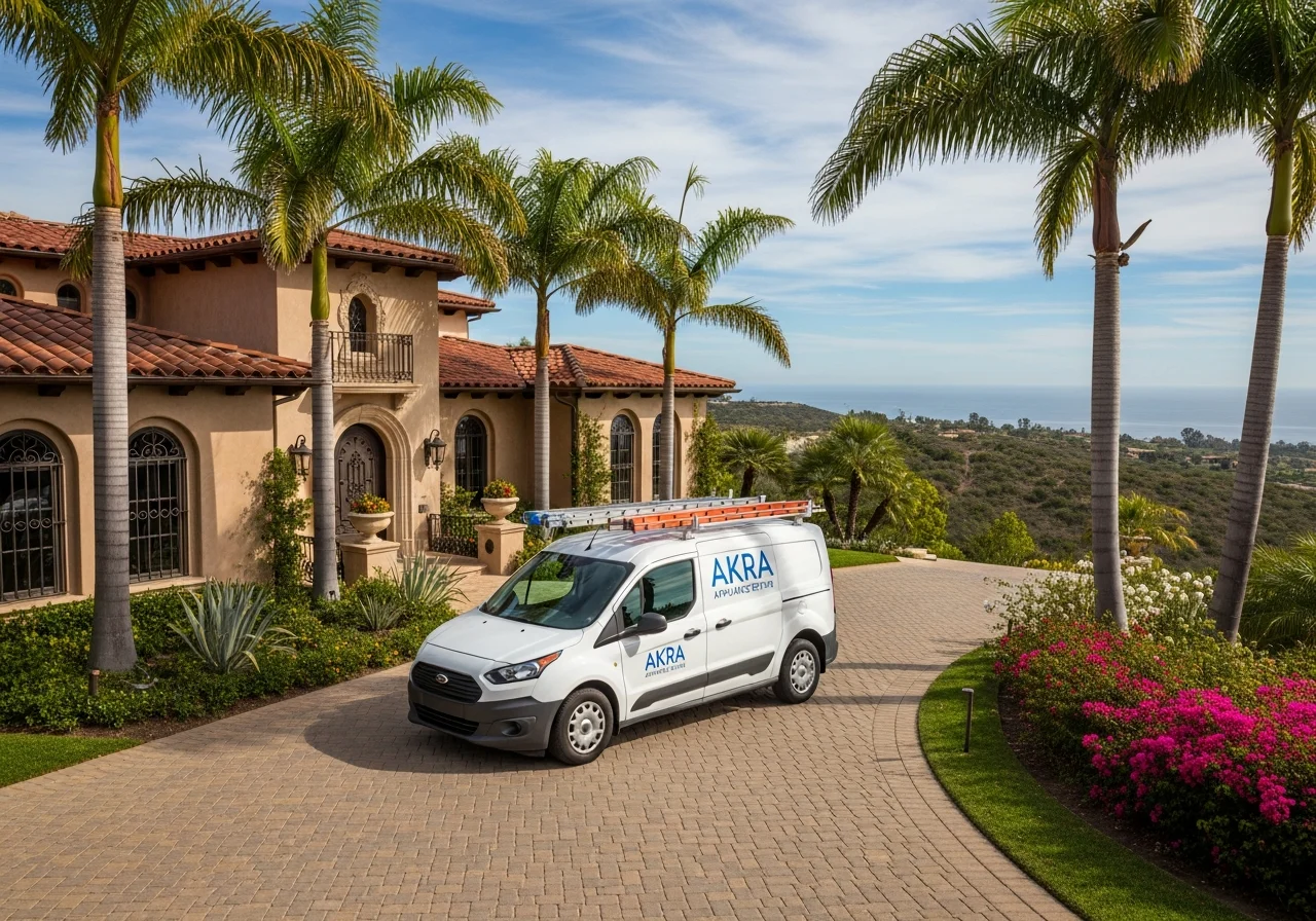 A white Akra Appliance Repair service van parked in the driveway of a hilltop Mediterranean ocean-view estate in Bear Brand Ranch, Laguna Niguel, with palms and chaparral beyond