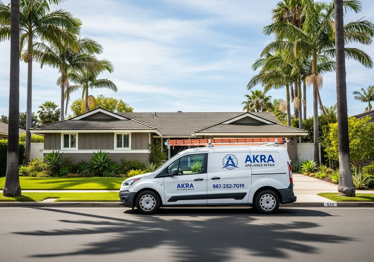A white Akra Appliance Repair service van parked on a palm-lined street in the gated Niguel Shores community of Dana Point, in front of a single-story California ranch home