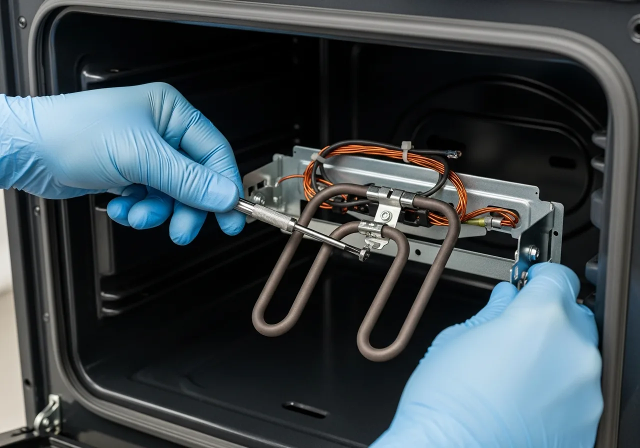 Appliance technician replacing a stainless bake element inside an empty wall oven cavity during a KitchenAid service call