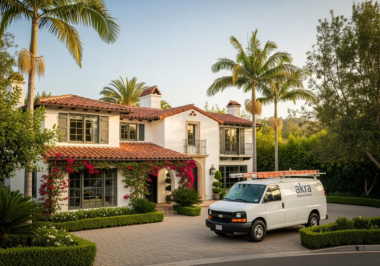 A white Akra Appliance Repair service van parked in the driveway of an upscale Spanish-revival home in Covenant Hills, Ladera Ranch