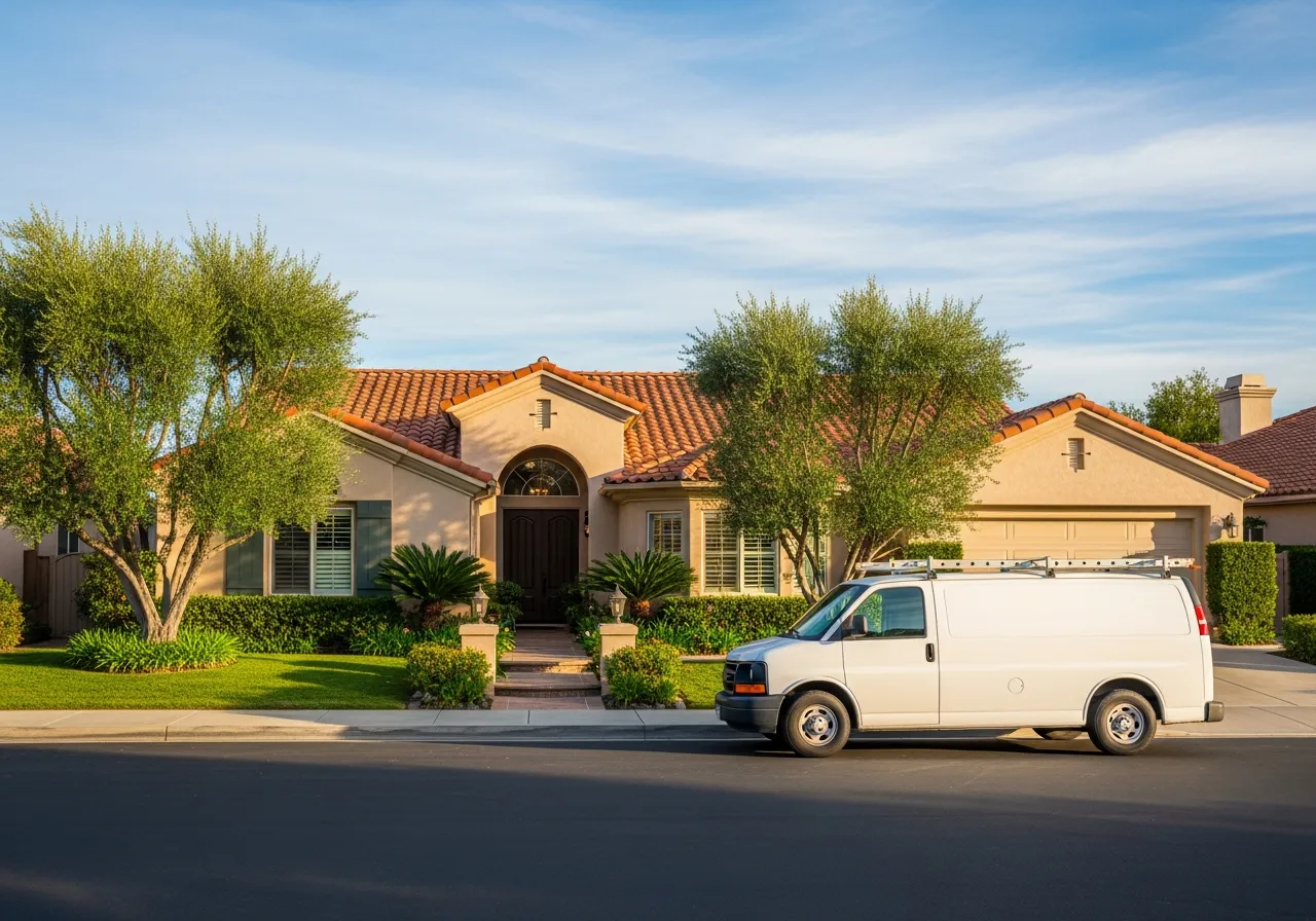 A white Akra Appliance Repair service van parked at the curb of a tasteful single-story Laguna Woods Village home with manicured landscaping