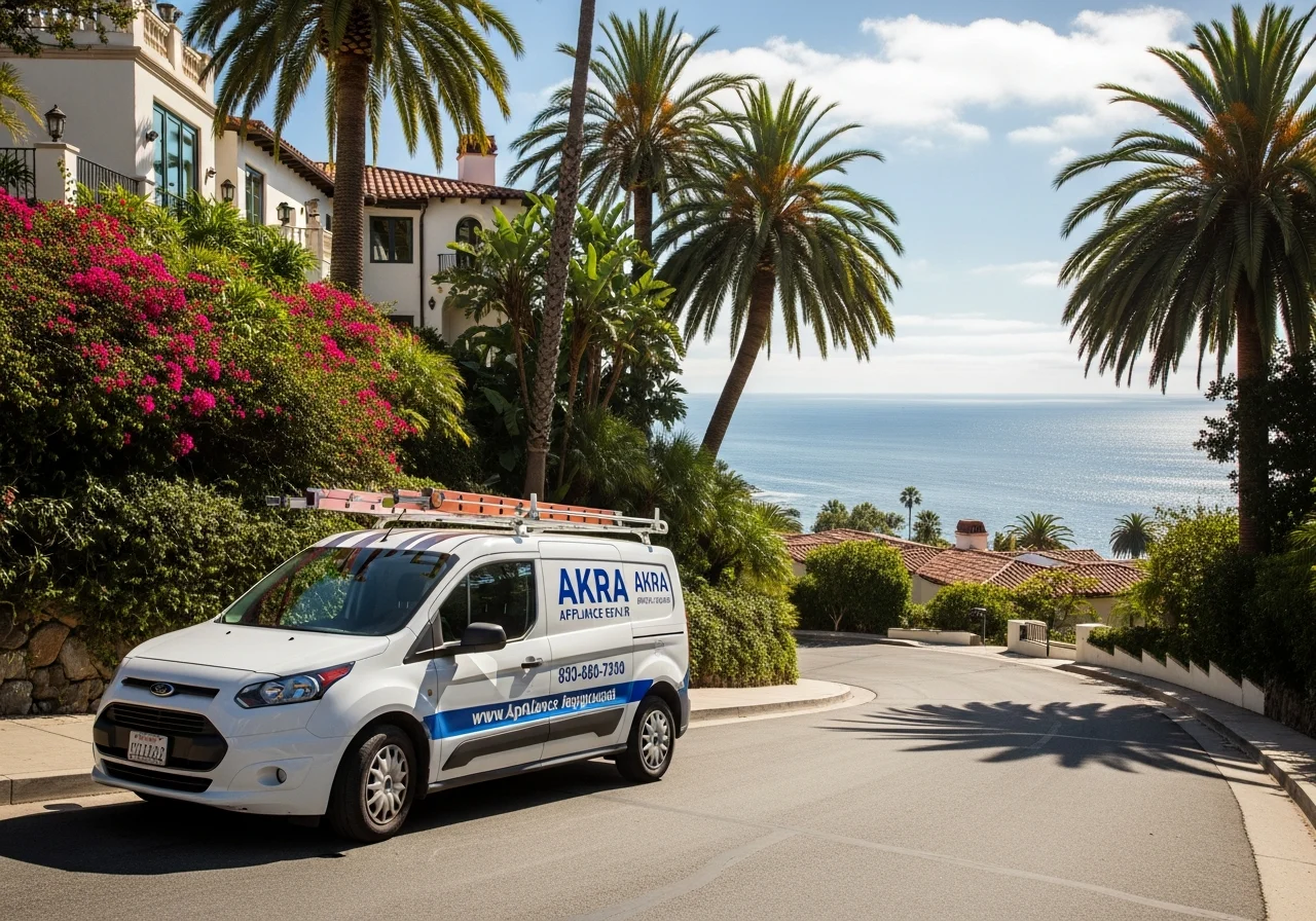 A white Akra Appliance Repair service van parked on a steep coastal street of Three Arch Bay in Laguna Beach beside a Mediterranean estate with a peek of the Pacific Ocean