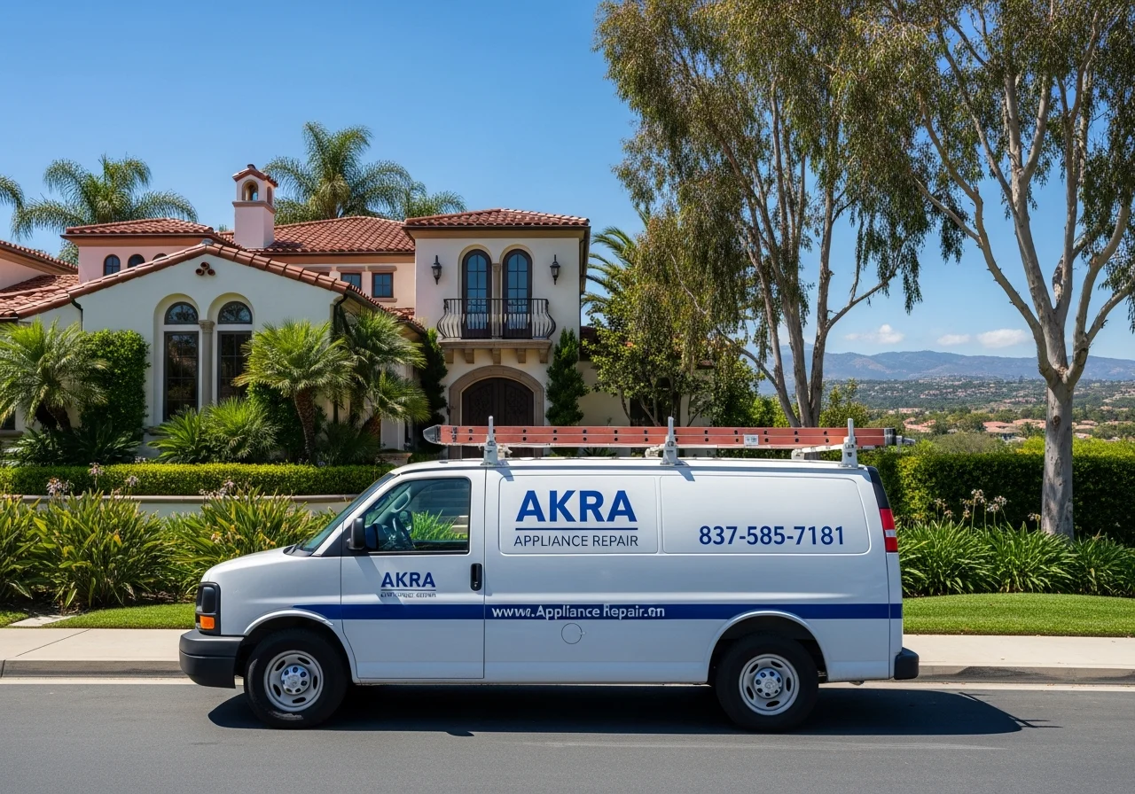 A white Akra Appliance Repair service van parked at the curb of a Mediterranean villa in Quail Hill, Irvine, with manicured landscaping and eucalyptus trees