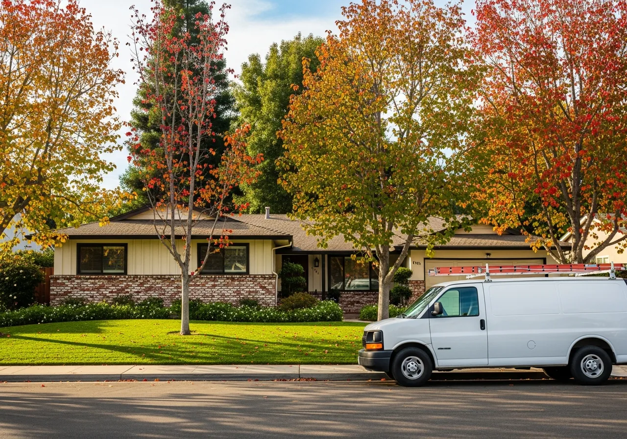 A white Akra Appliance Repair service van parked at the curb of a well-maintained ranch-style home in Fountain Valley with brick accents