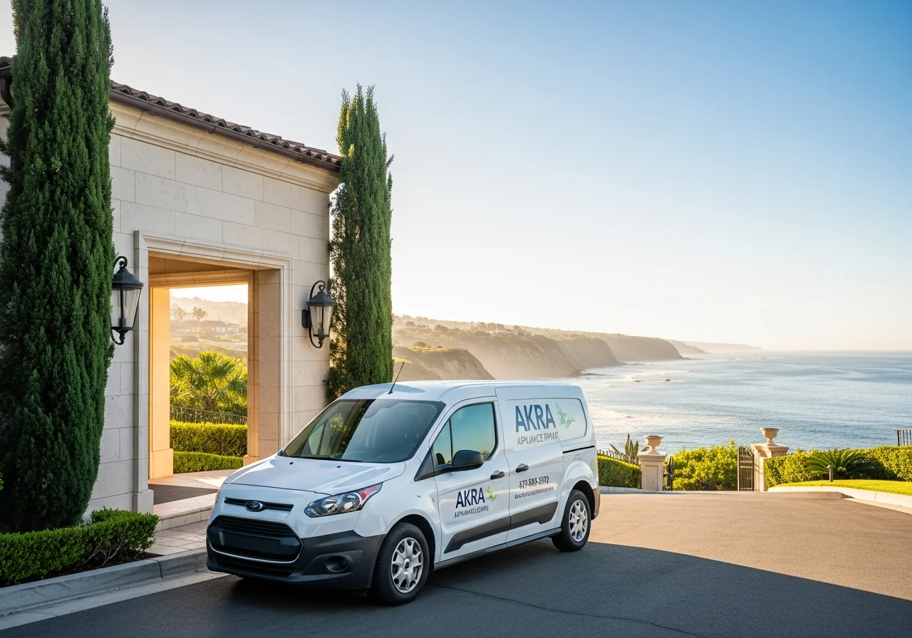 A white Akra Appliance Repair service van parked at the porte-cochere of an oceanfront estate in Pelican Point, Newport Coast, with cypress hedges and a bluff-top ocean view beyond