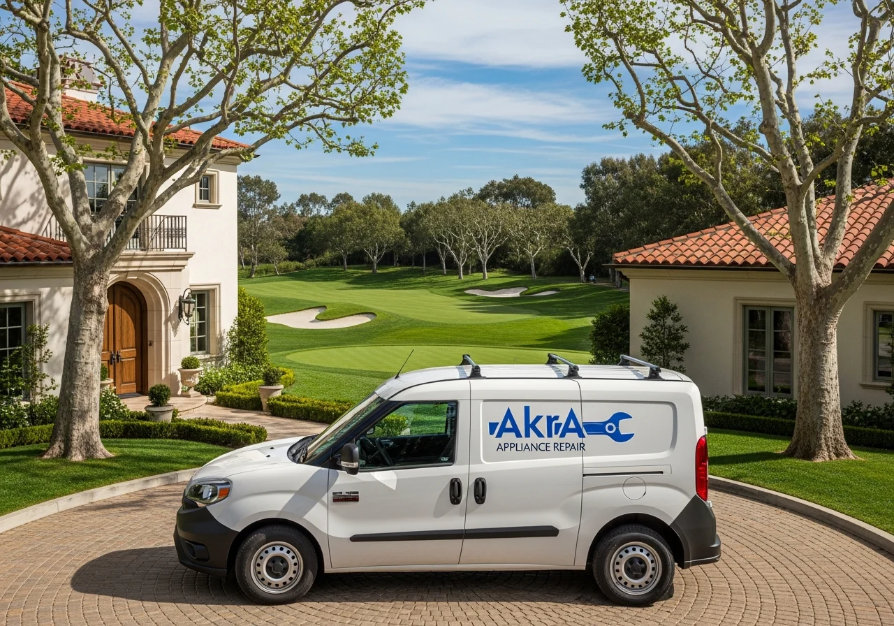 A white Akra Appliance Repair service van parked in the circular driveway of a custom estate along the Big Canyon Country Club fairway in Newport Beach