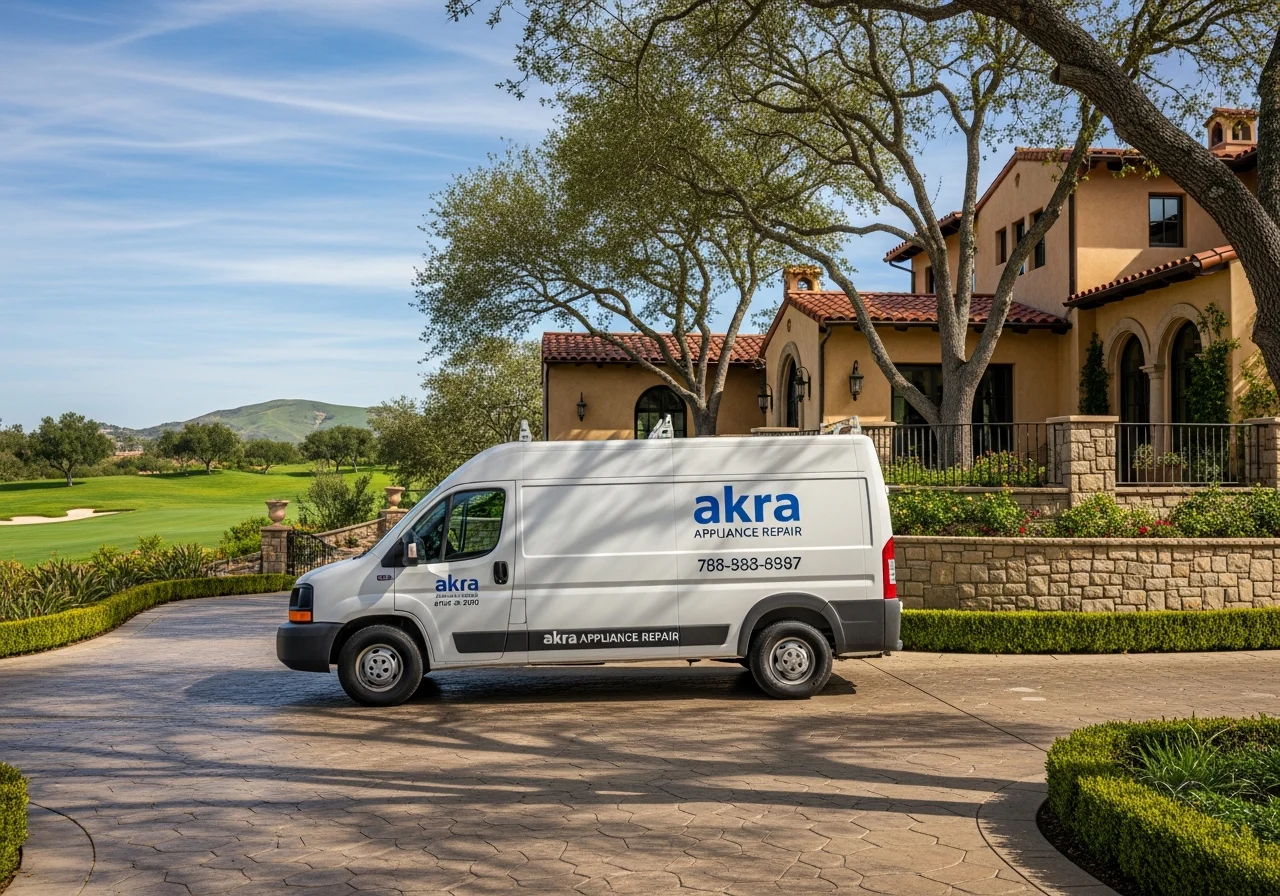 A white Akra Appliance Repair service van parked on the stone driveway of a Tuscan-style estate in Shady Canyon, Irvine, with oak trees and a golf course hillside beyond