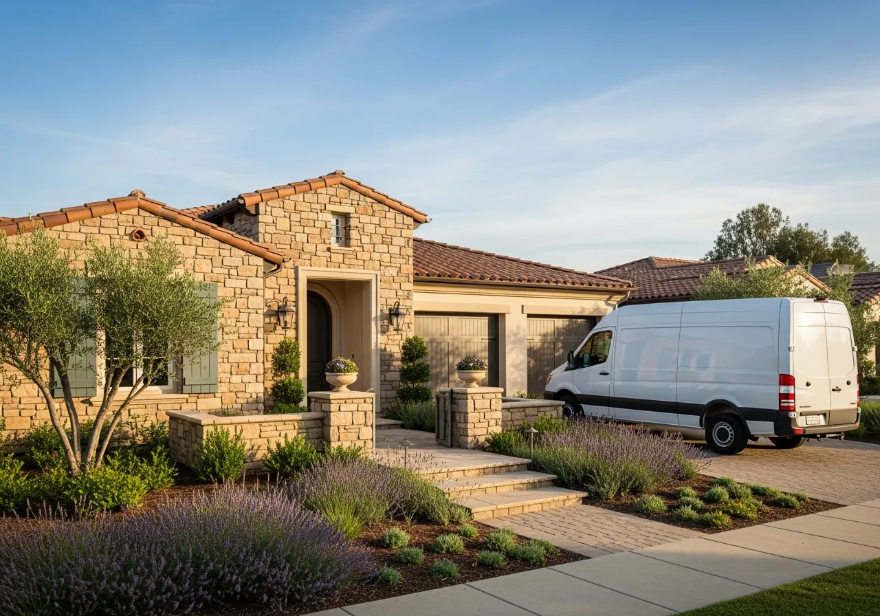 A white Akra Appliance Repair service van parked in the driveway of a transitional Mediterranean home in Foothill Ranch, Lake Forest