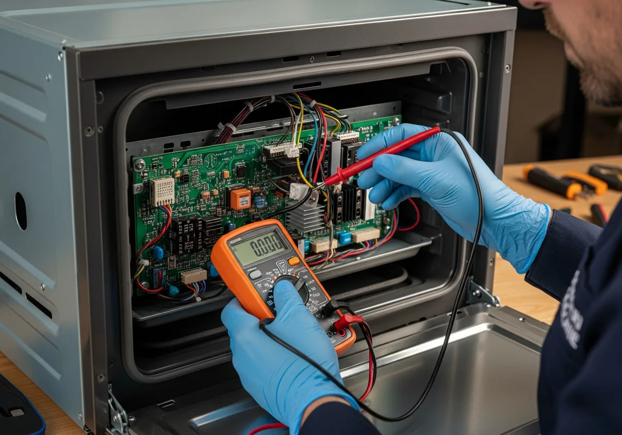 Appliance technician using a multimeter to test the control board of a graphite-finish stainless wall oven with the rear access panel removed during a Dacor repair