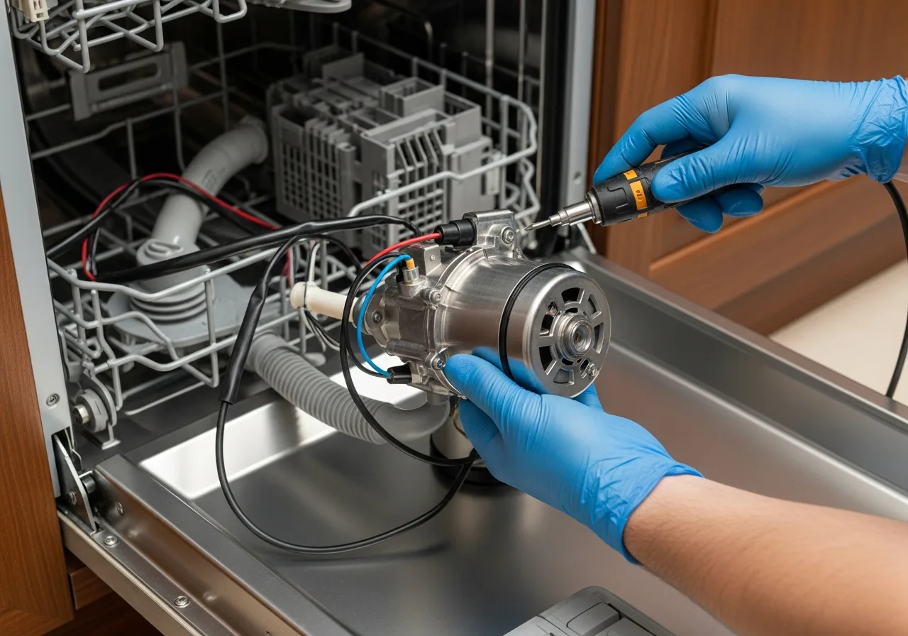 Appliance technician installing a stainless circulation pump into the base of an integrated paneled dishwasher during a Miele service call