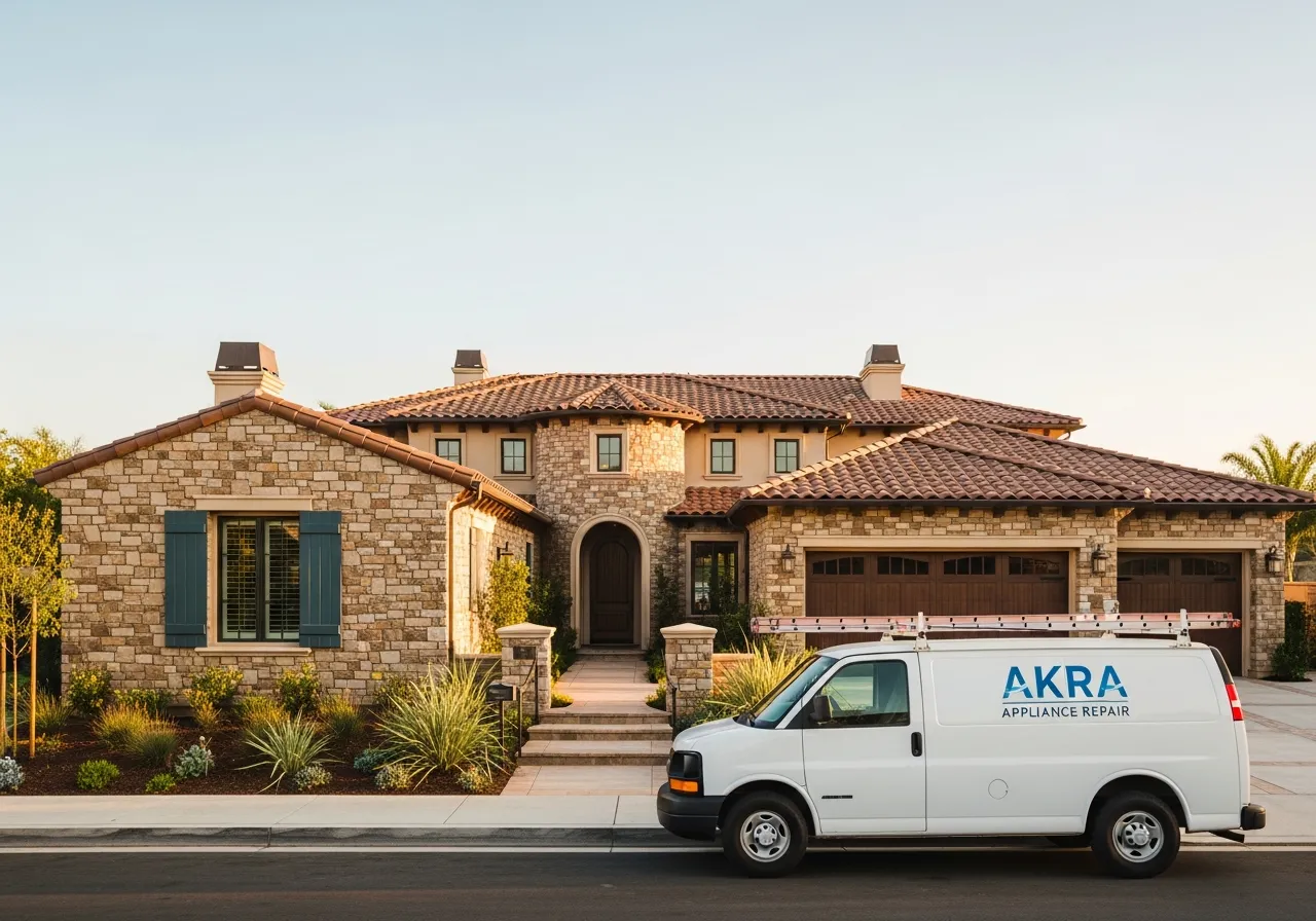 A white Akra Appliance Repair service van parked at the curb of an upscale Anaheim Hills custom home with stacked-stone facade and terracotta roof