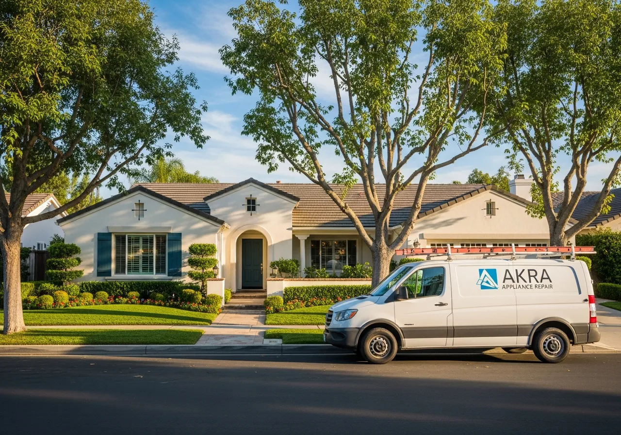 A white Akra Appliance Repair service van parked at the curb of a well-maintained single-story home in Stanton with manicured landscaping