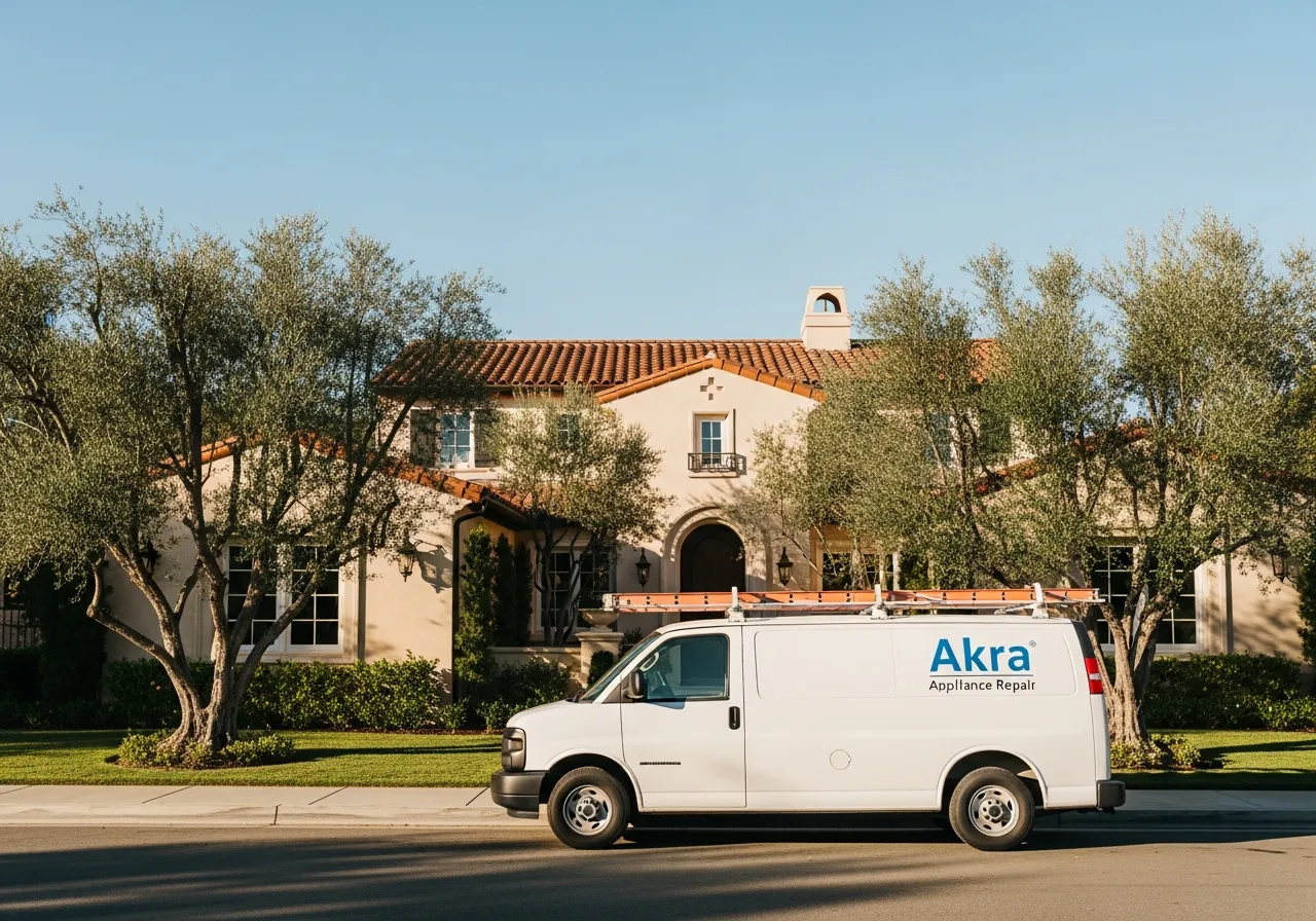 A white Akra Appliance Repair service van parked at the curb of a luxury custom home in Tustin Ranch with light tan stucco and a tile roof