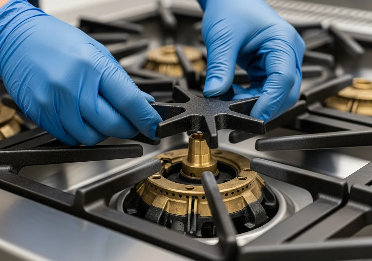 Appliance technician replacing a star-shaped gas burner cap on a professional rangetop during a Thermador service call