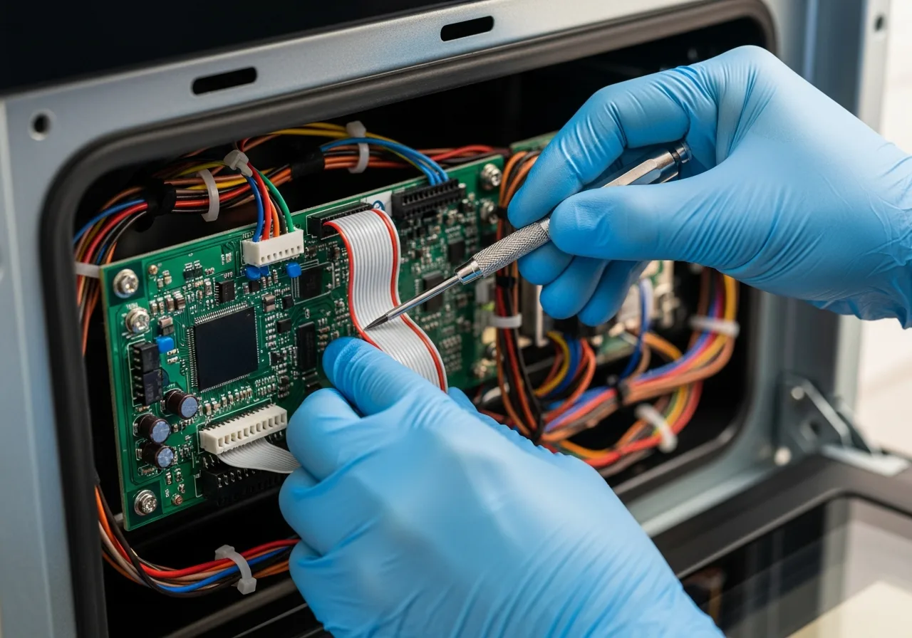 Appliance technician servicing the control board of a high-end combi-steam wall oven with the front panel removed during a Gaggenau repair