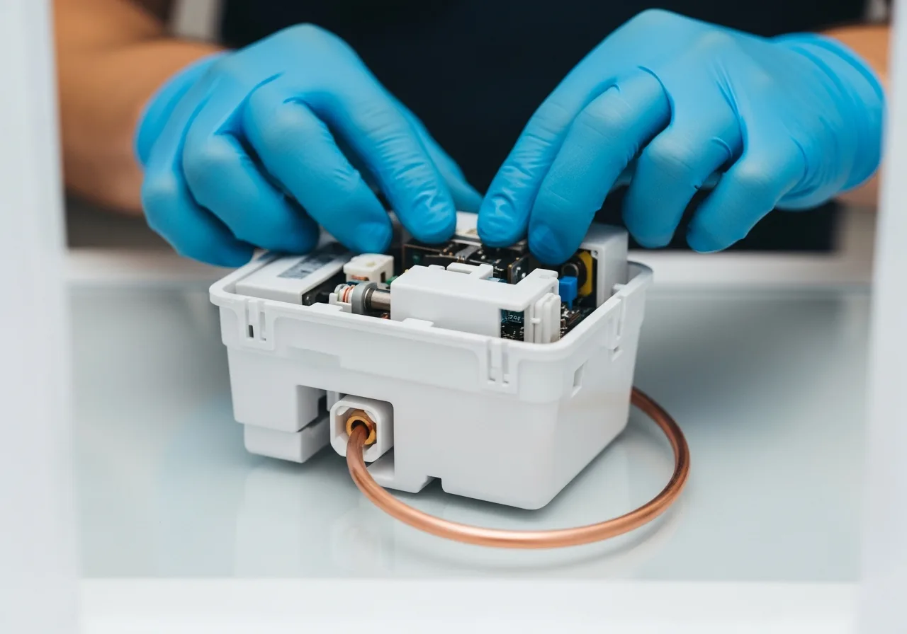 Appliance technician servicing an icemaker module assembly pulled from the freezer compartment of a built-in refrigerator during a GE Monogram service call